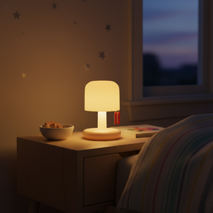 Small lamp on a bedside table with a bowl of snacks in a dimly lit room.