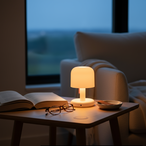 Small lamp on a table with an open book, glasses, and a bowl in a cozy room.
