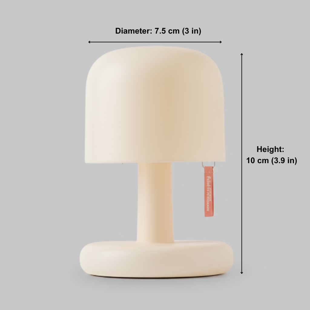 Small beige lamp with measurements on a gray background