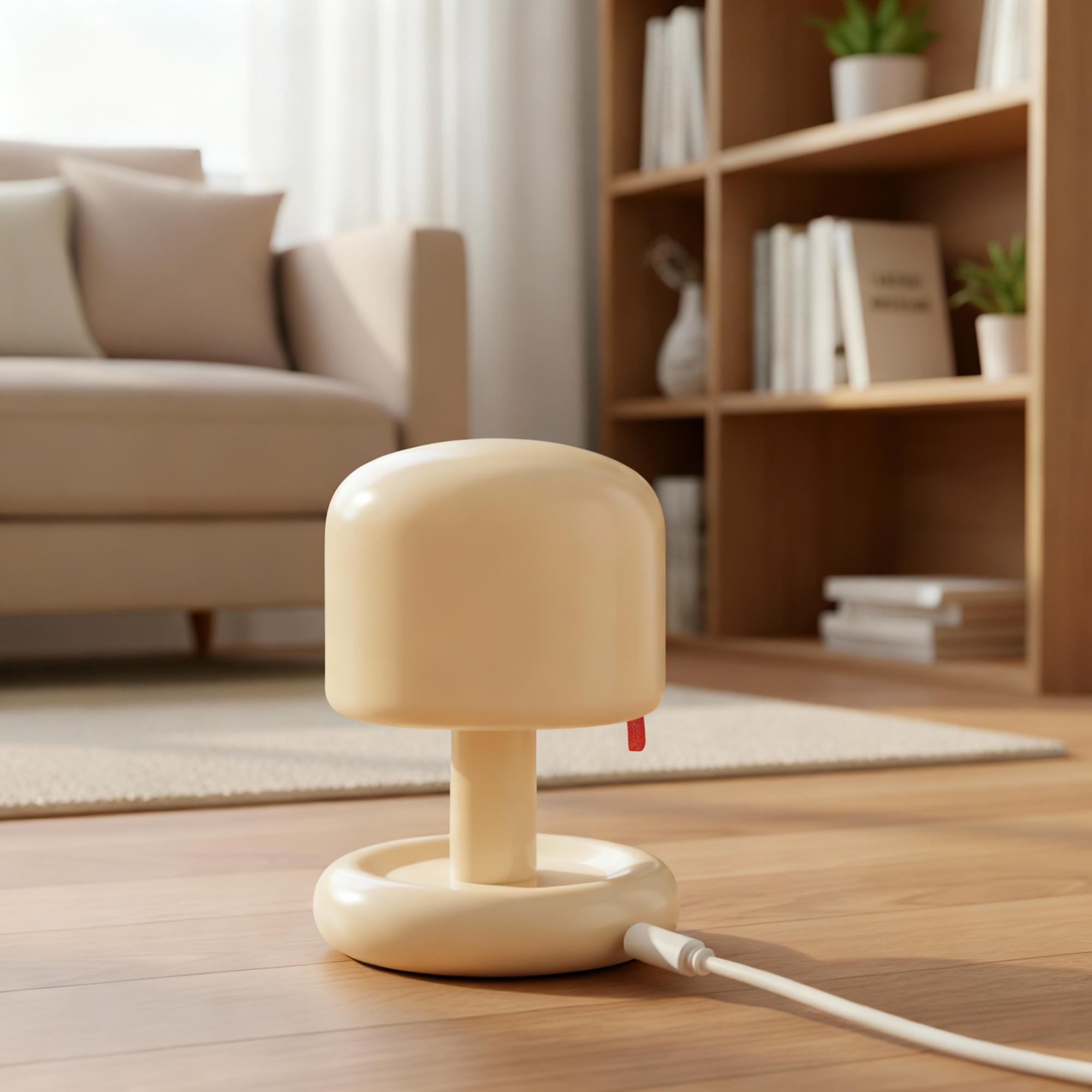Beige lamp on a wooden floor with a blurred living room background
