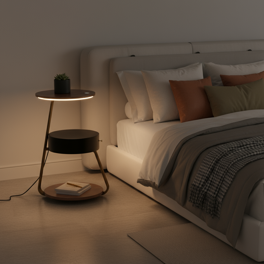 Modern bedroom with a bed and side table in a dimly lit room