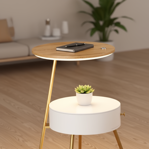 Two round side tables with a plant and tablet on a wooden floor.