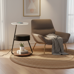 Modern living room with a brown armchair, side table, and round rug.