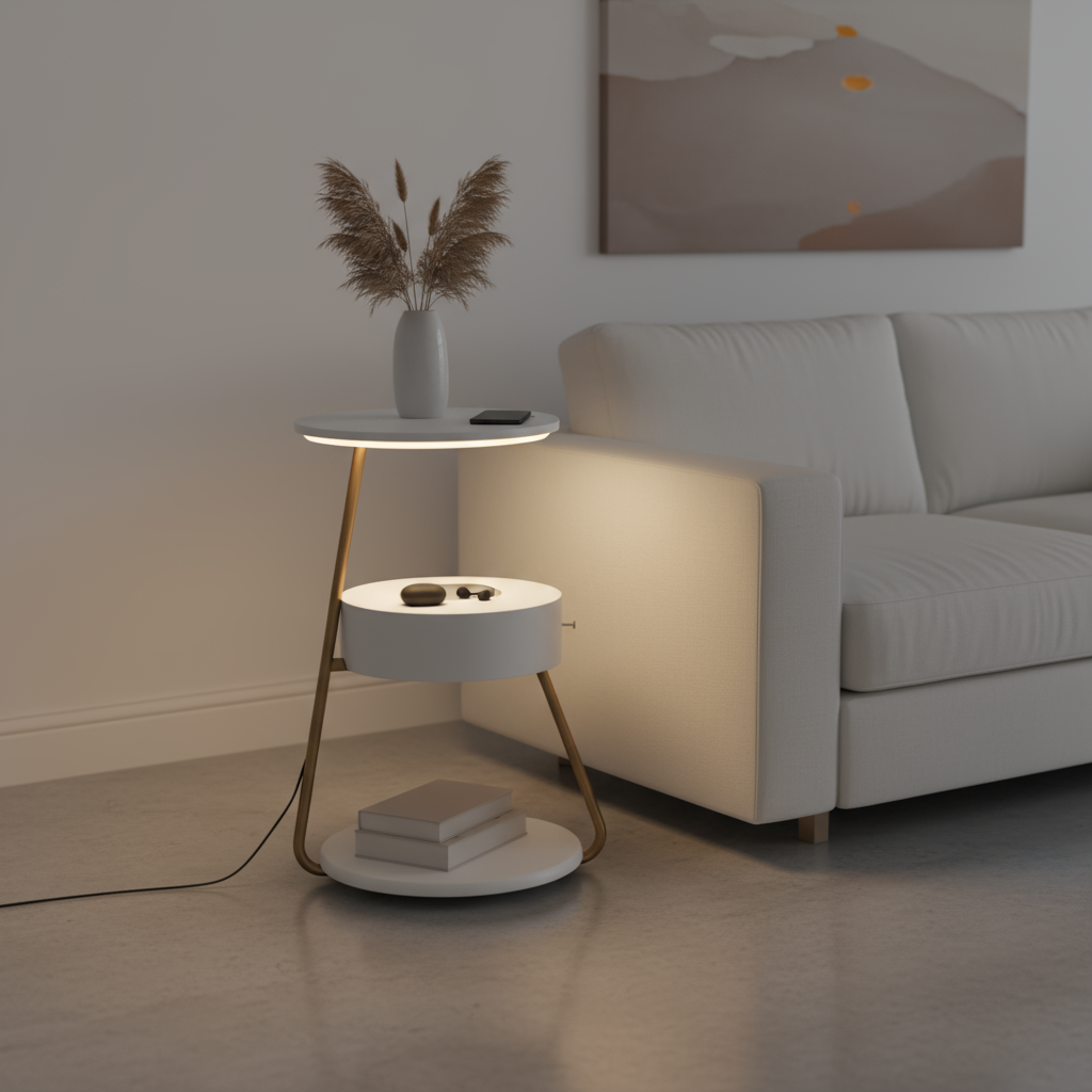 Modern living room with a side table, sofa, and decorative elements.