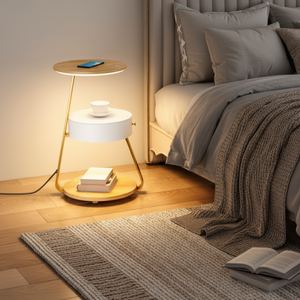 Multifunctional floor lamp displayed in a bedroom setting