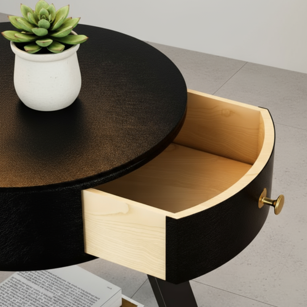 Round black table with a wooden drawer and a potted plant on top