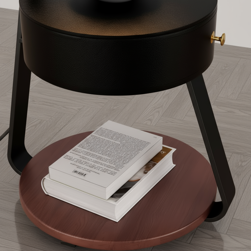 Round wooden side table with a book on a wooden floor