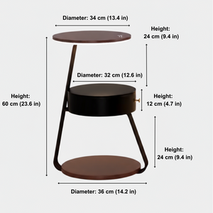Measurement chart of a round side table with dimensions labeled.