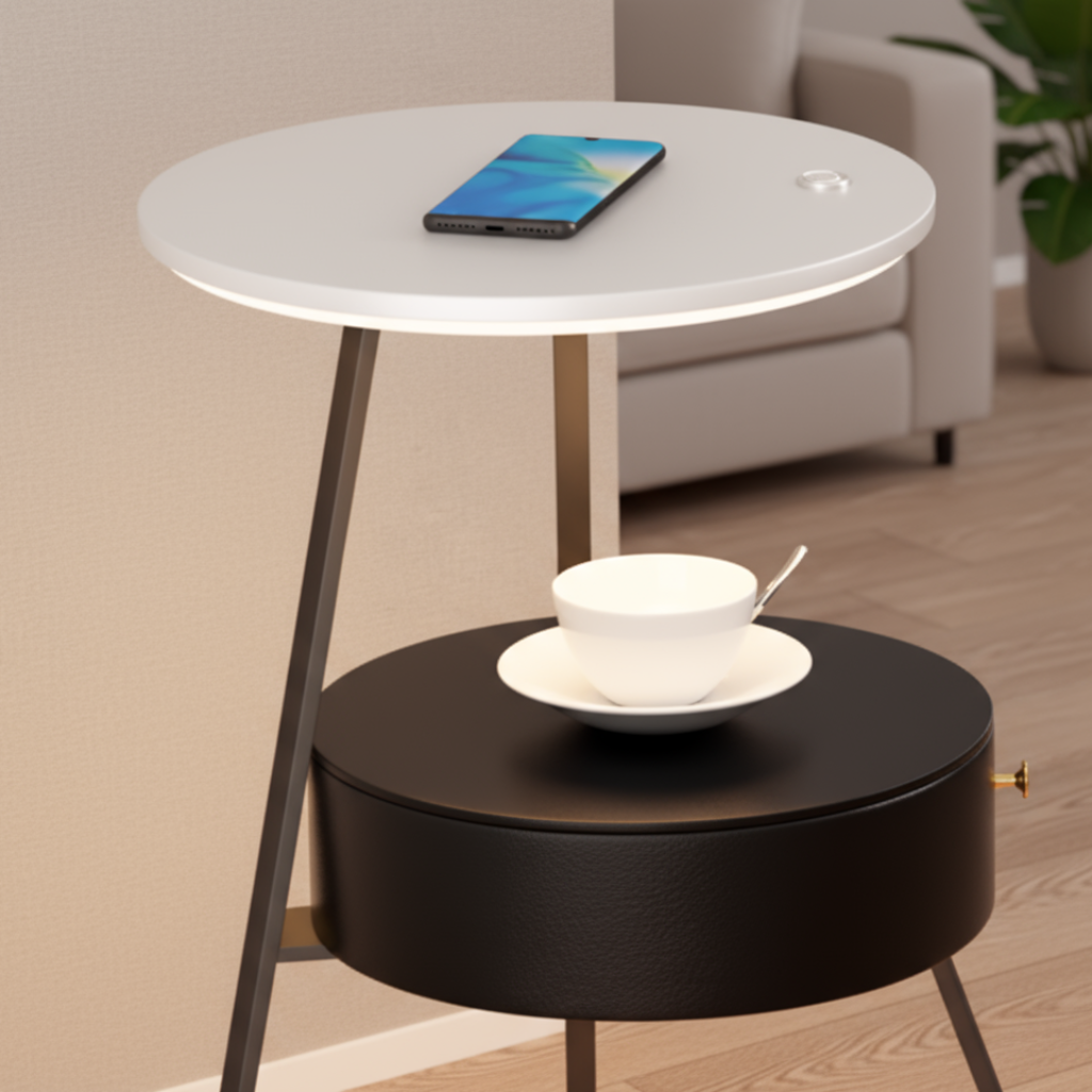 Round side table with a white top and black bottom in a living room setting.
