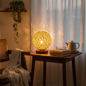 Woven table lamp on a wooden side table with books and a teapot in a cozy room.