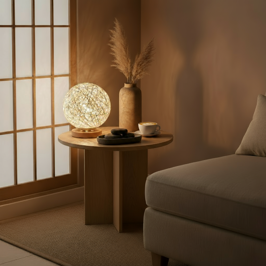 Cozy living room corner with a round table, decorative lamp, and vase.