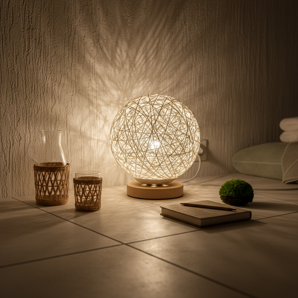 Decorative spherical lamp on a wooden surface with candles and a notebook.