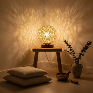 Decorative lamp on a small wooden table with pillows and a plant in the background
