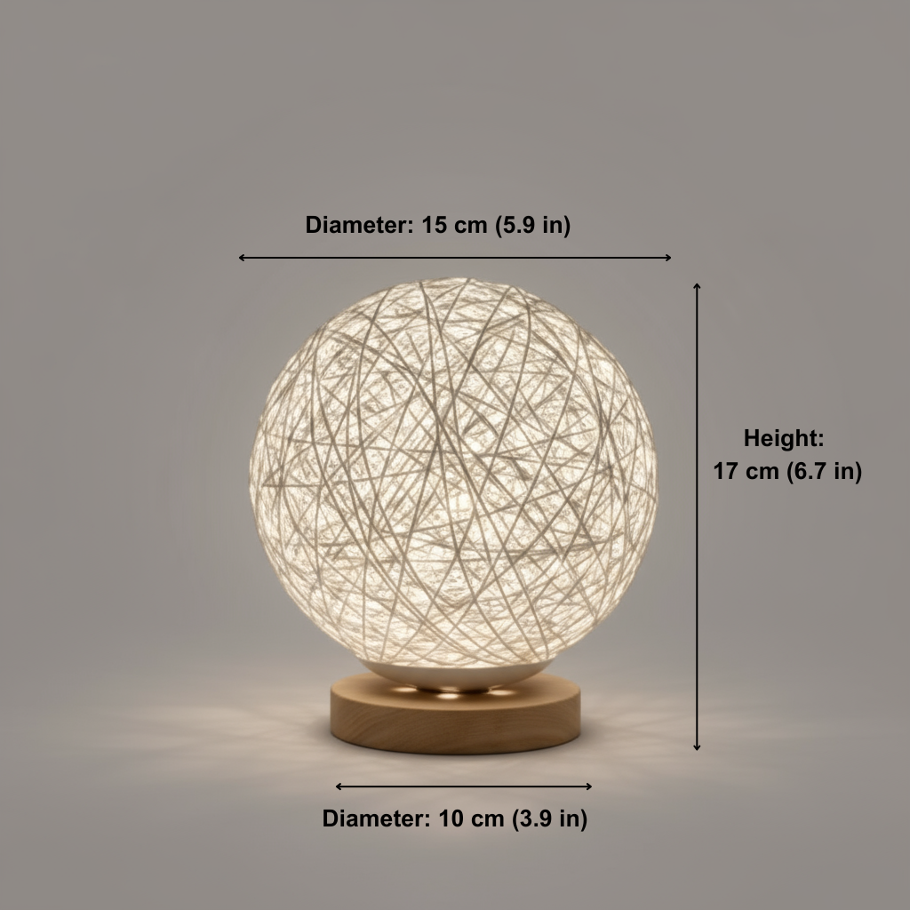 Spherical lamp with dimensions indicated on a gray background