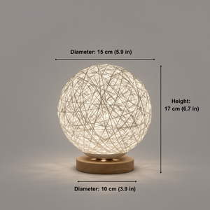Spherical lamp with dimensions indicated on a gray background