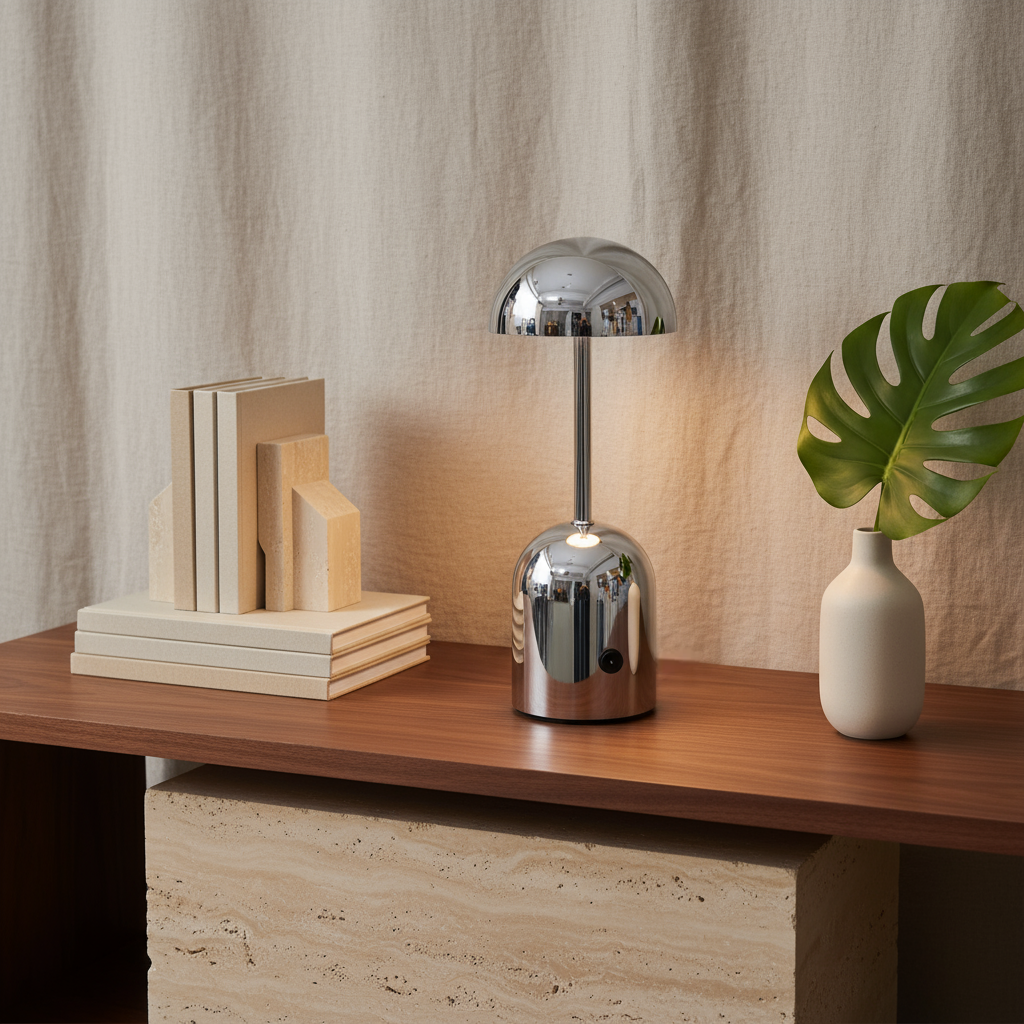 Modern silver table lamp on a wooden surface with books and a plant.