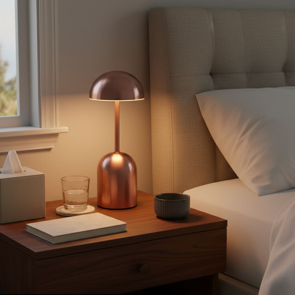 Copper table lamp on a nightstand next to a bed with pillows