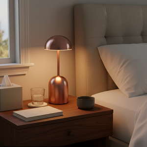 Copper table lamp on a nightstand next to a bed with pillows