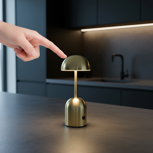 Gold table lamp being turned on by a hand in a kitchen setting