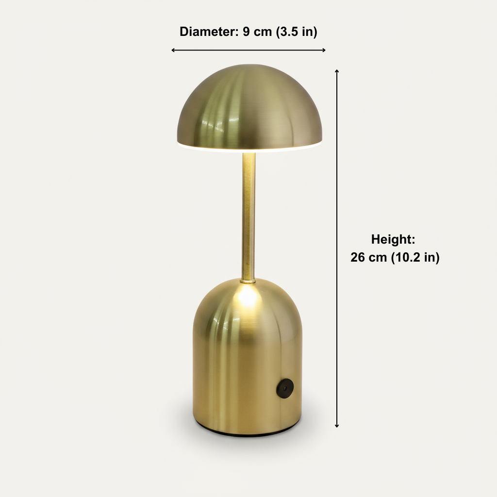 Gold table lamp with measurements on a white background
