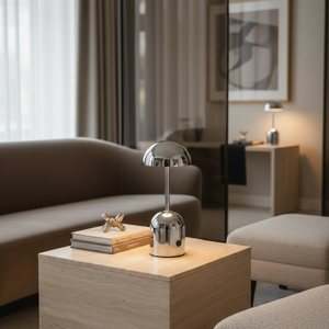 Modern lamp on a wooden side table in a living room setting