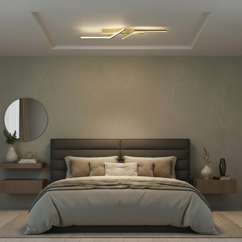 Modern bedroom with ceiling LED light above a bed.