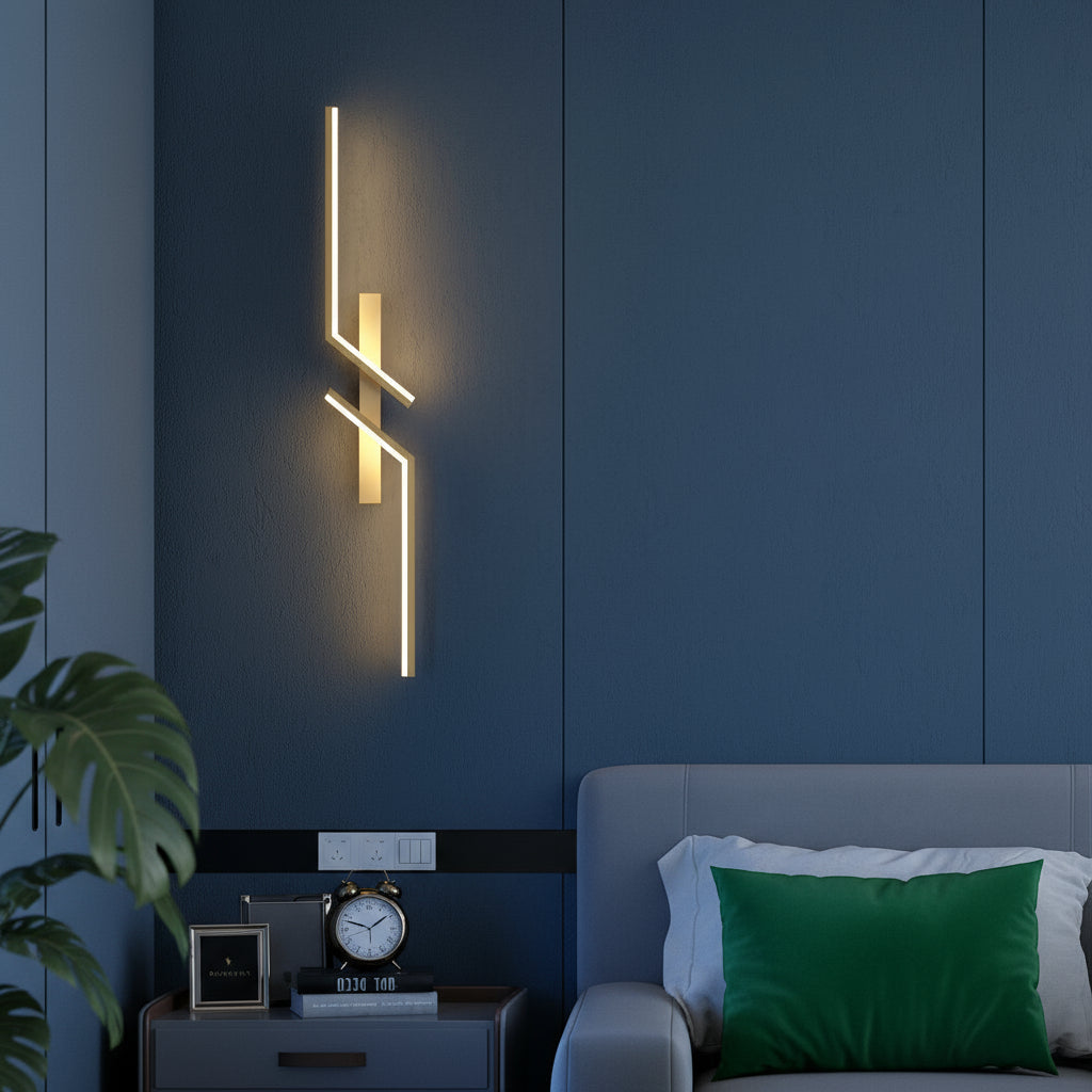 Modern LED wall light beside a bed with nightstand.