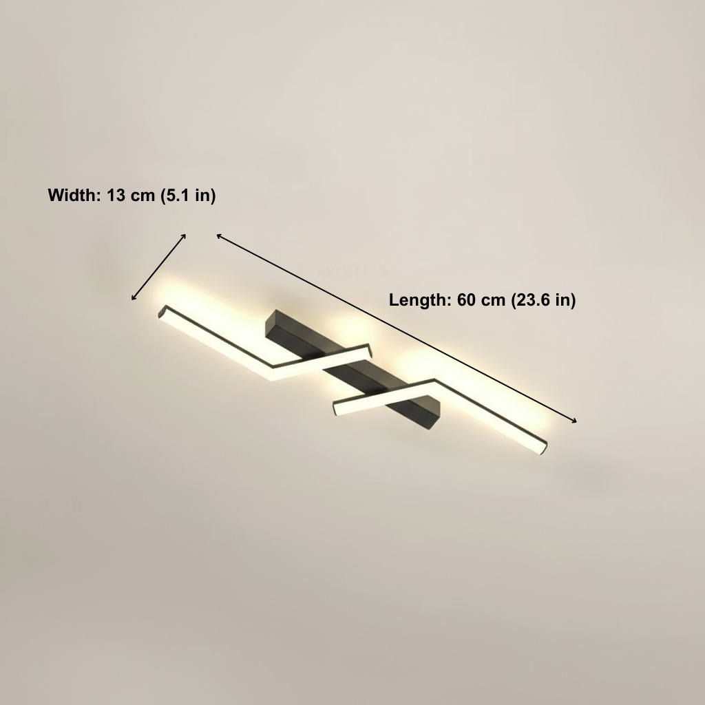 Ceiling light fixture with measurements on a plain background