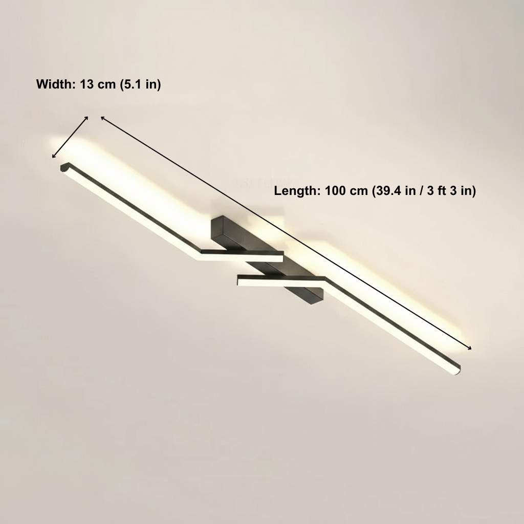 Ceiling light fixture with measurements on a plain background