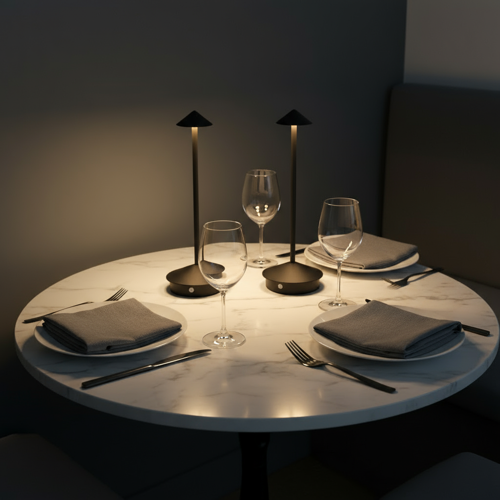 Dining table set with plates, glasses, and cutlery in a dimly lit room.