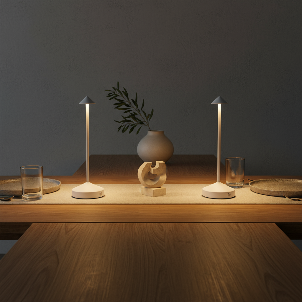 Two table lamps on a wooden surface with a vase and glasses in the background.