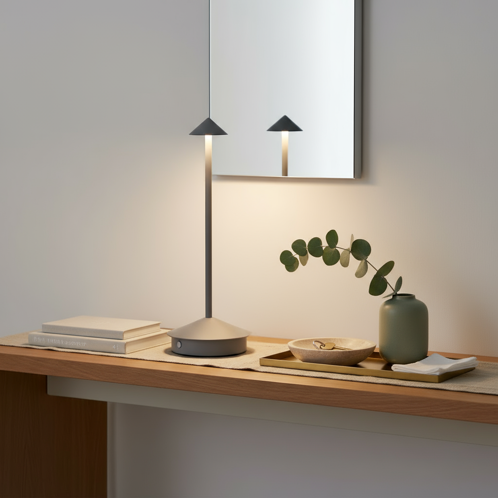 Modern desk setup with a lamp, books, and decorative items on a wooden surface.