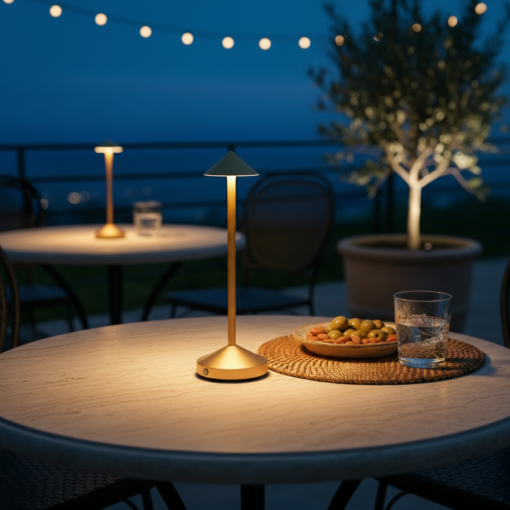Outdoor setting with a table lamp, fruit plate, and glass on a table at night.