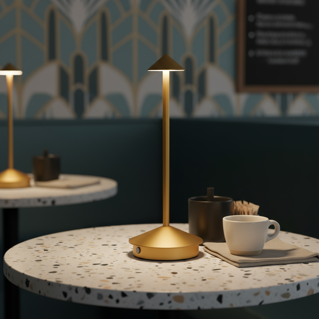 Gold lamp on a round table with a cup and saucer in a cozy setting