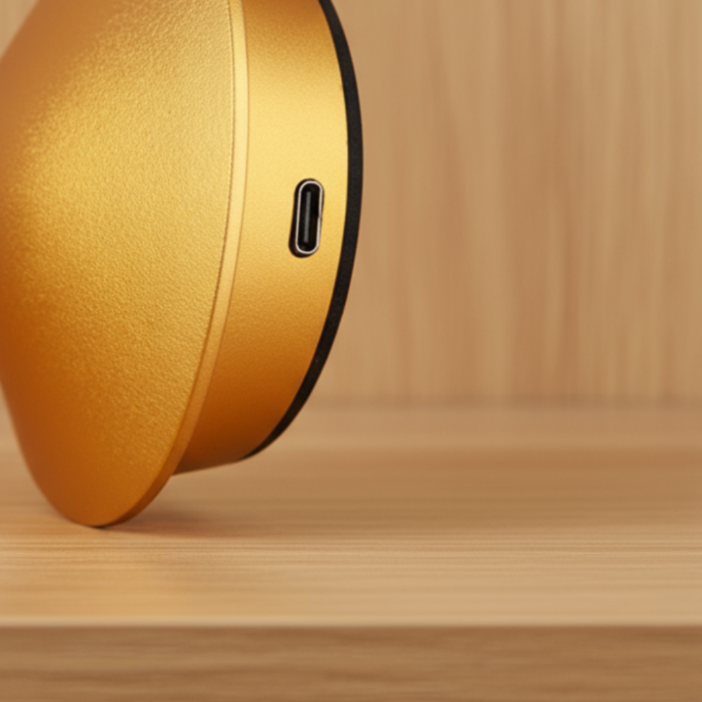 Gold-colored electronic device with a USB port on a wooden surface and background