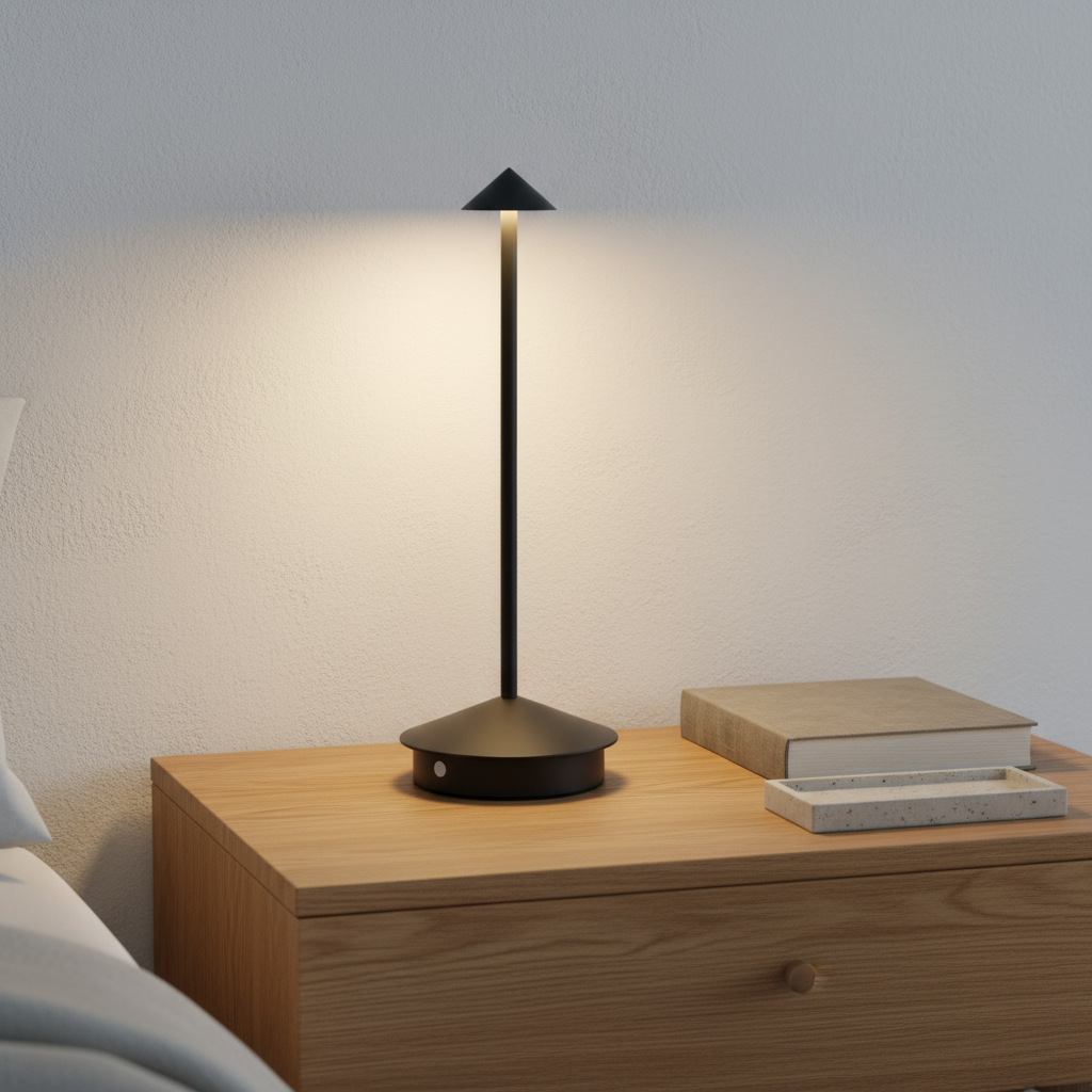 Modern black table lamp on a wooden nightstand with a soft light.
