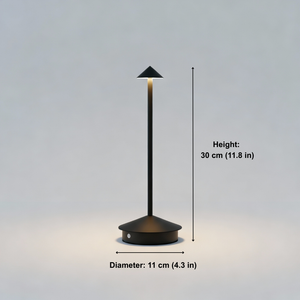 Black outdoor lamp with measurements on a gray background