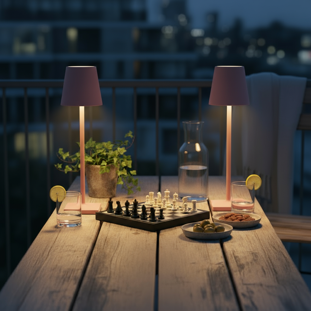 Outdoor evening setting with two lamps, a chessboard, glasses, and snacks on a wooden table.