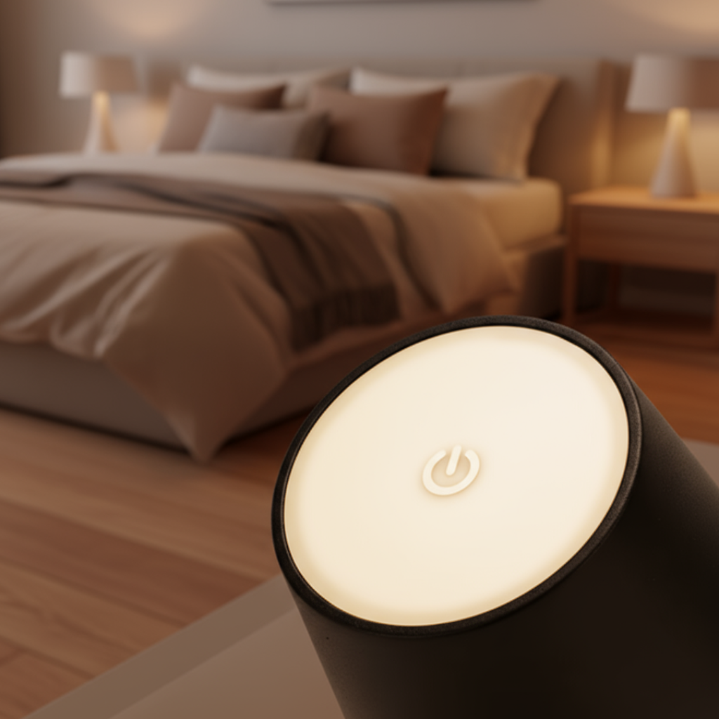 Luminescent night light on a table with a blurred bedroom background