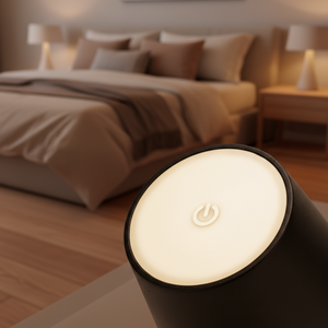 Luminescent night light on a table with a blurred bedroom background