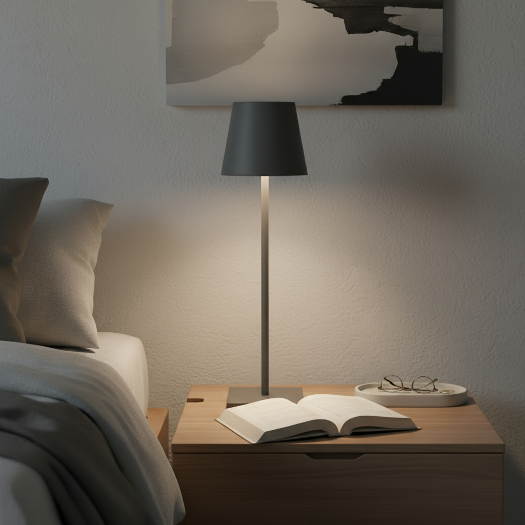 Modern bedroom with a lamp, book, and glasses on a nightstand.