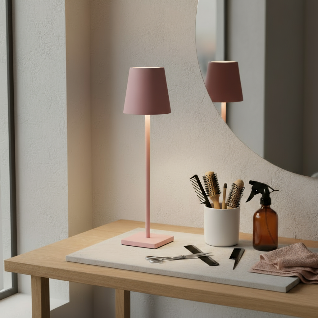 Pink table lamp on a wooden surface with grooming tools and a mirror in the background.