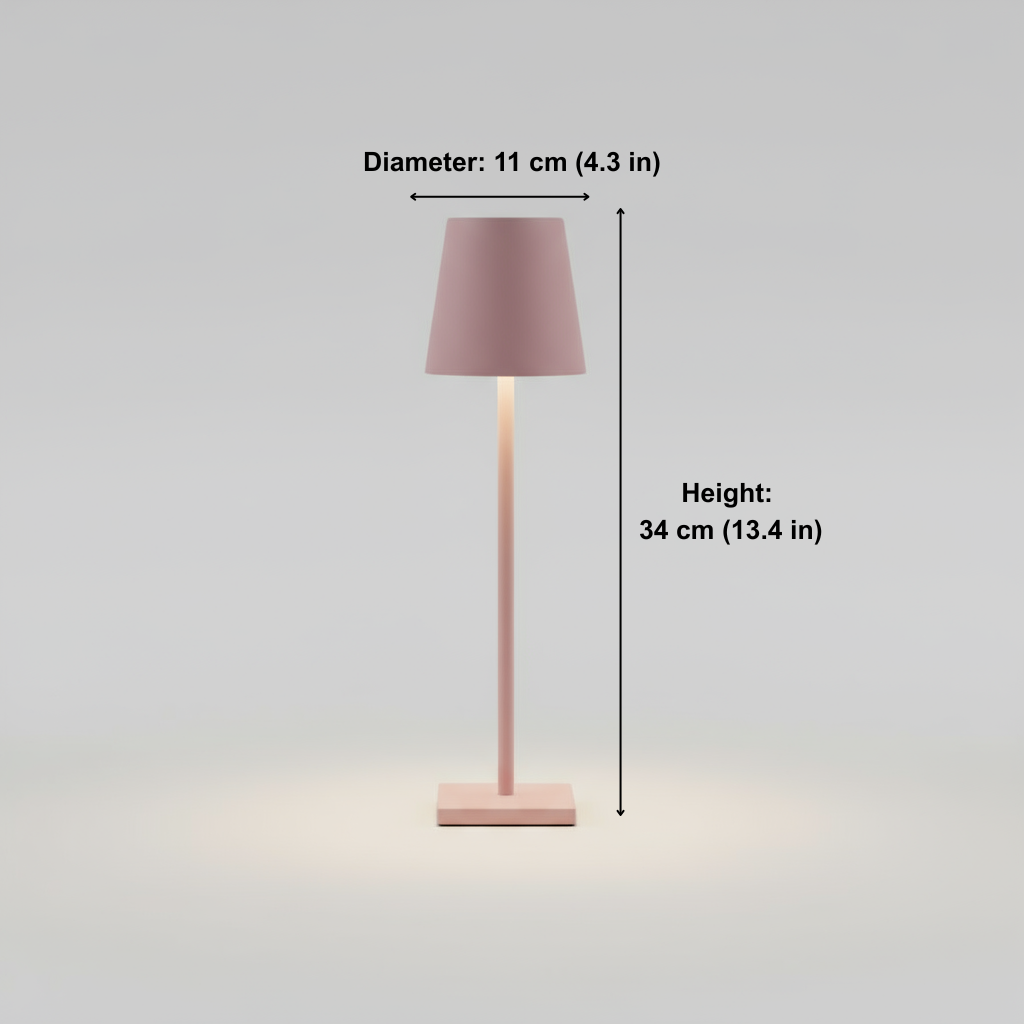Pink floor lamp with measurements on a gray background