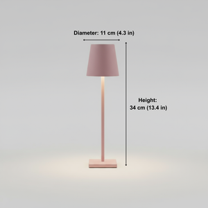 Pink floor lamp with measurements on a gray background