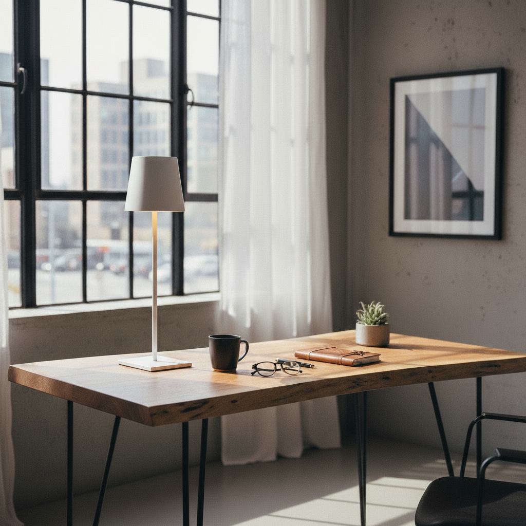 Modern office desk with a lamp, mug, and plant in a room with large windows.