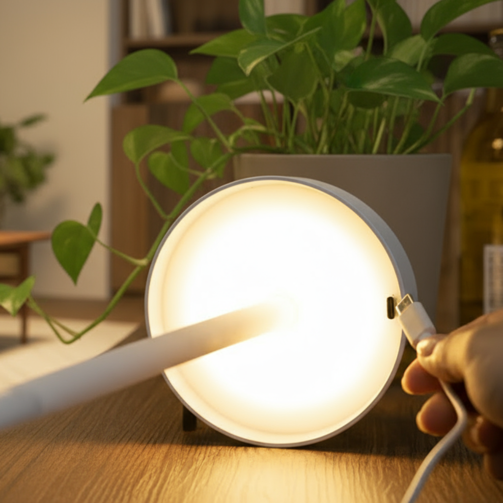 Light bulb on a wooden table with a living room in the background