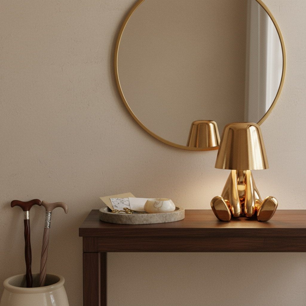 Gold lamp on a wooden table with a round mirror above it against a beige wall.
