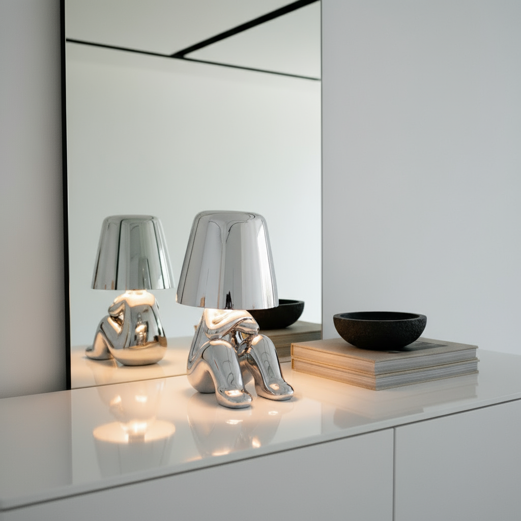 Decorative items on a reflective surface with a mirror reflection.