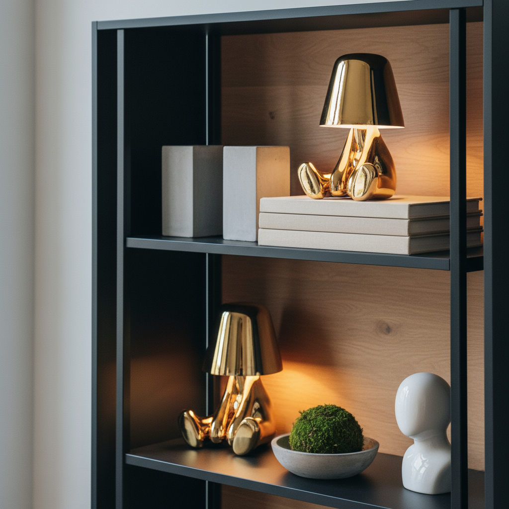 Decorative shelf with gold lamps, books, and a small plant.