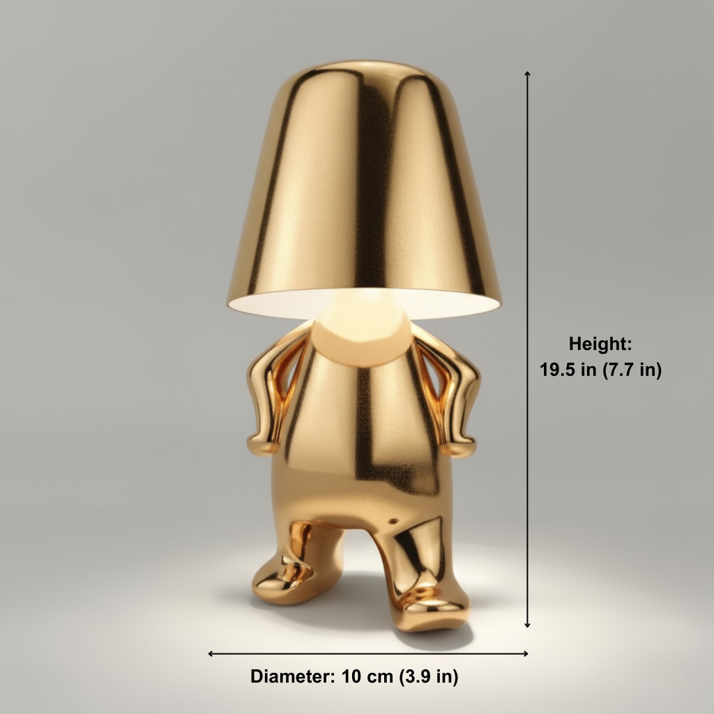 Gold-colored lamp with dimensions indicated on a gray background